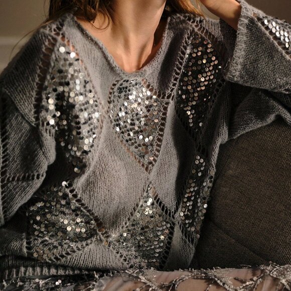 Grey Party Women's Premium Elegant Sequin Rhombus Hollow Boat Neck Sweater - Picture 2 of 7